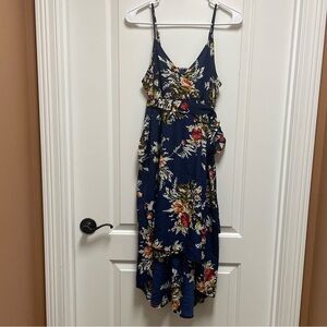 🌺 Chic Floral High-Low Bohemian Side Tie Dress in Navy Sz Small Resort Wear